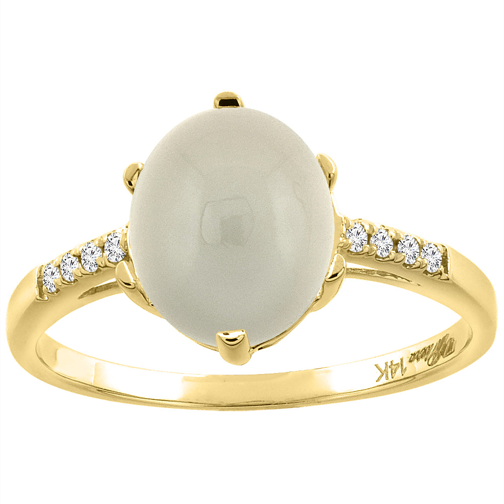 14K Yellow Gold Natural Light Gray Moonstone &amp; Diamond Ring Oval 10x8 mm, sizes 5-10