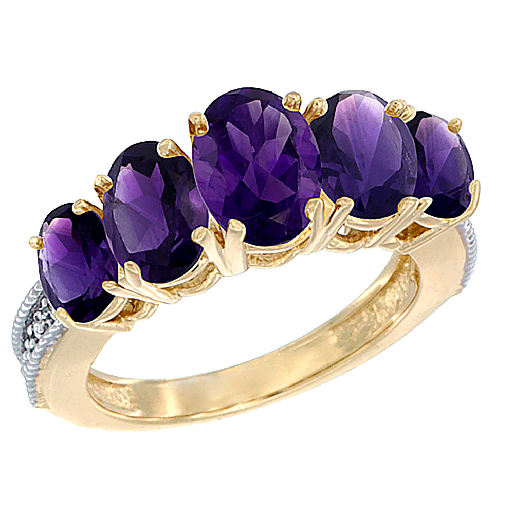 14K Yellow Gold Diamond Natural Amethyst Ring 5-stone Oval 8x6 Ctr,7x5,6x4 sides, sizes 5 - 10