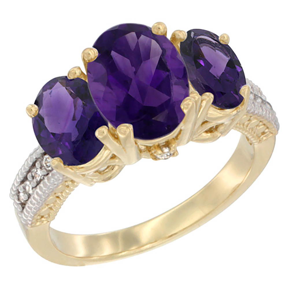 10K Yellow Gold Diamond Natural Amethyst Ring 3-Stone Oval 8x6mm, sizes5-10