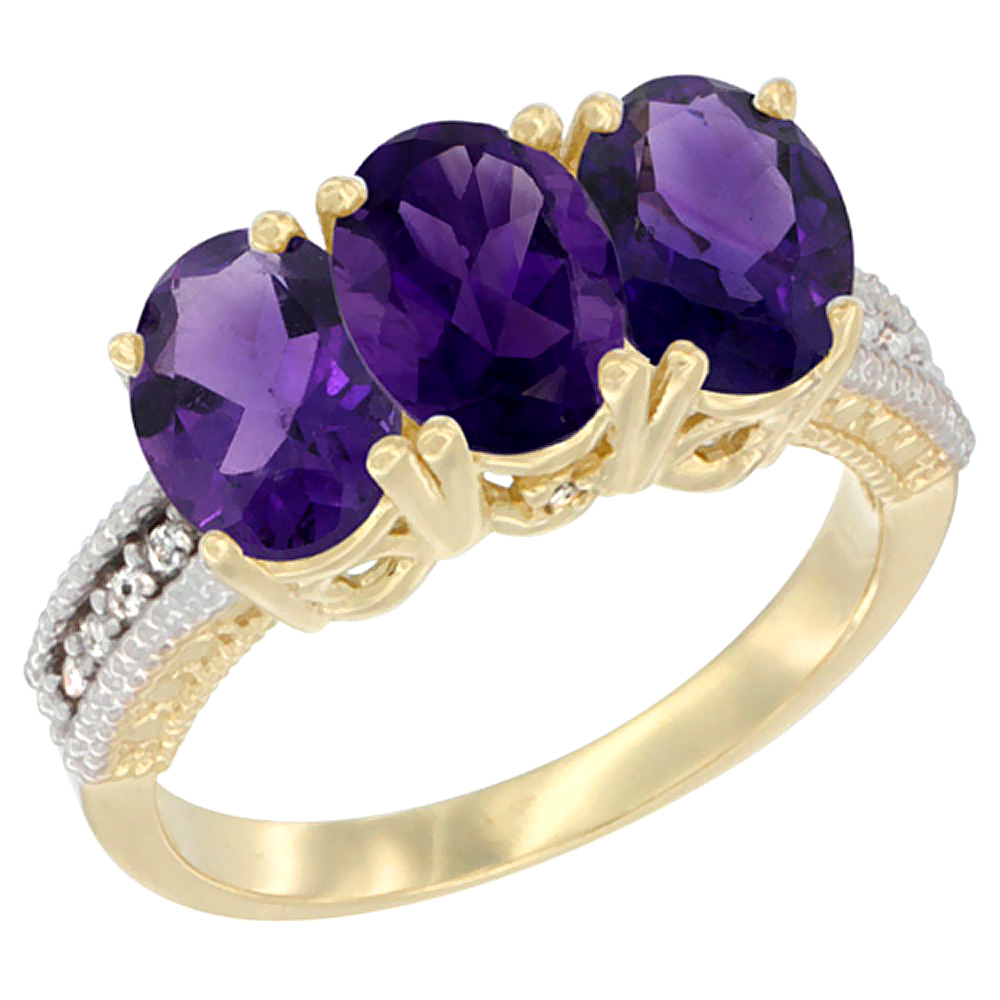 14K Yellow Gold Natural Amethyst Ring 3-Stone 7x5 mm Oval Diamond Accent, sizes 5 - 10
