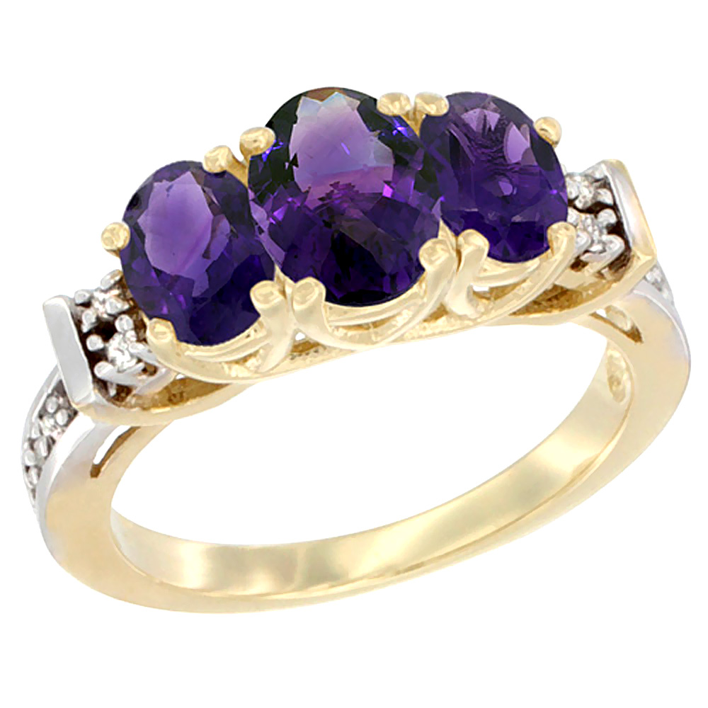 10K Yellow Gold Natural Amethyst Ring 3-Stone Oval Diamond Accent