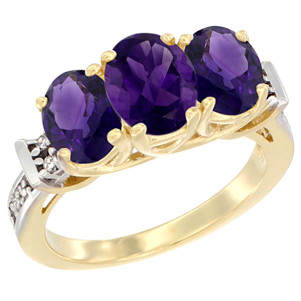 10K Yellow Gold Natural Amethyst Ring 3-Stone Oval Diamond Accent, sizes 5 - 10