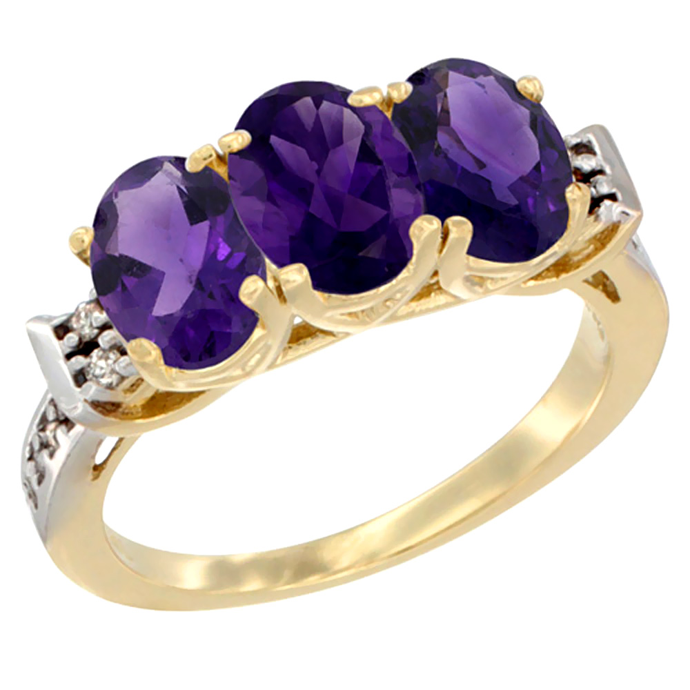 14K Yellow Gold Natural Amethyst Ring 3-Stone 7x5 mm Oval Diamond Accent, sizes 5 - 10