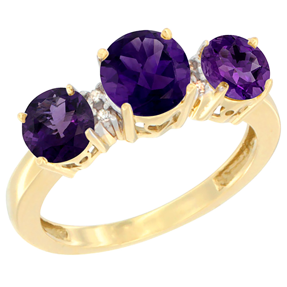 14K Yellow Gold Round 3-Stone Natural Amethyst Ring Diamond Accent, sizes 5 - 10