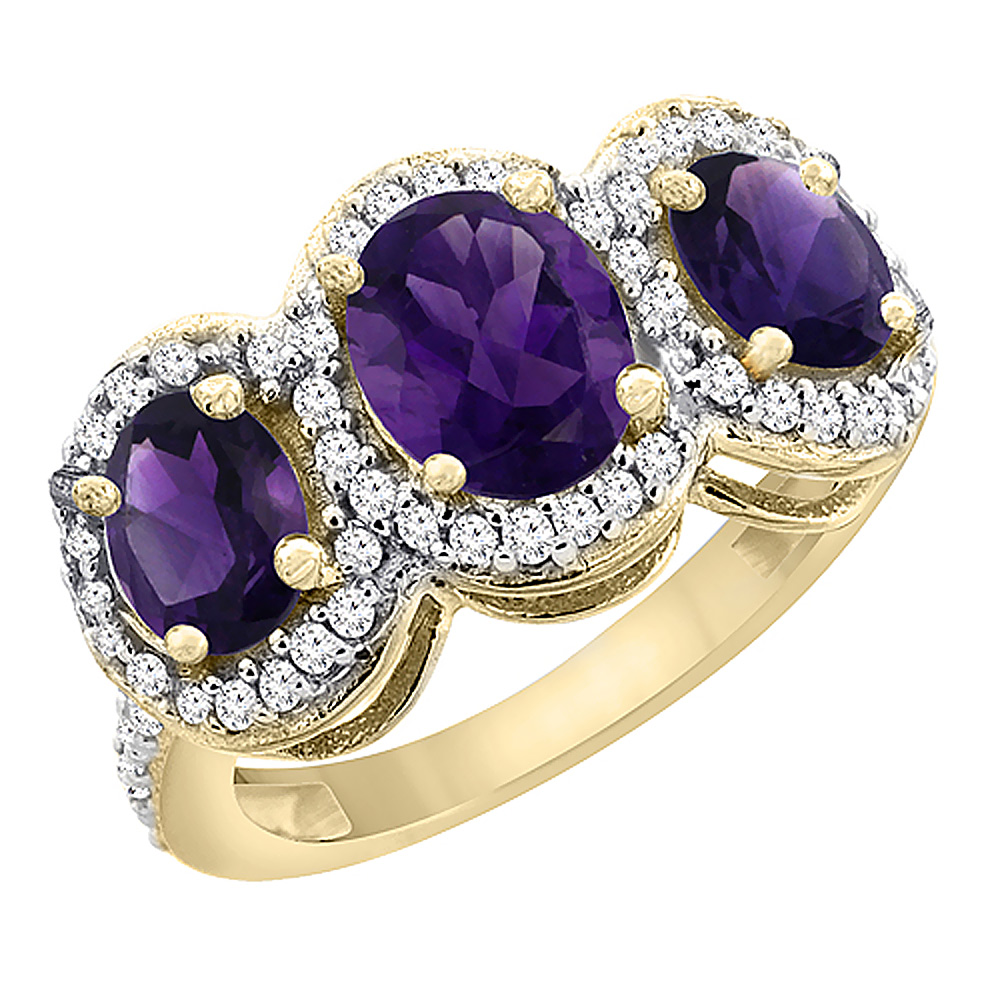 10K Yellow Gold Natural Amethyst 3-Stone Ring Oval Diamond Accent, sizes 5 - 10