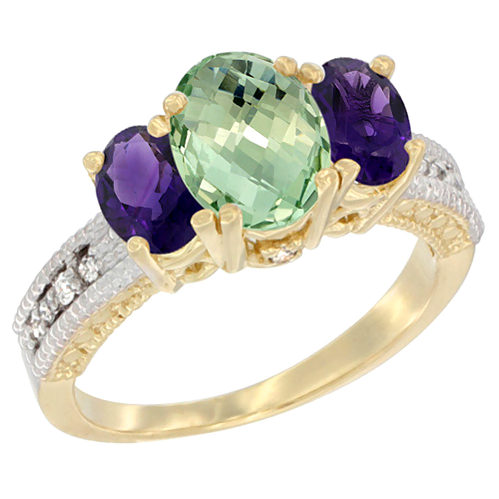 14K Yellow Gold Diamond Natural Green Amethyst Ring Oval 3-stone with Amethyst, sizes 5 - 10