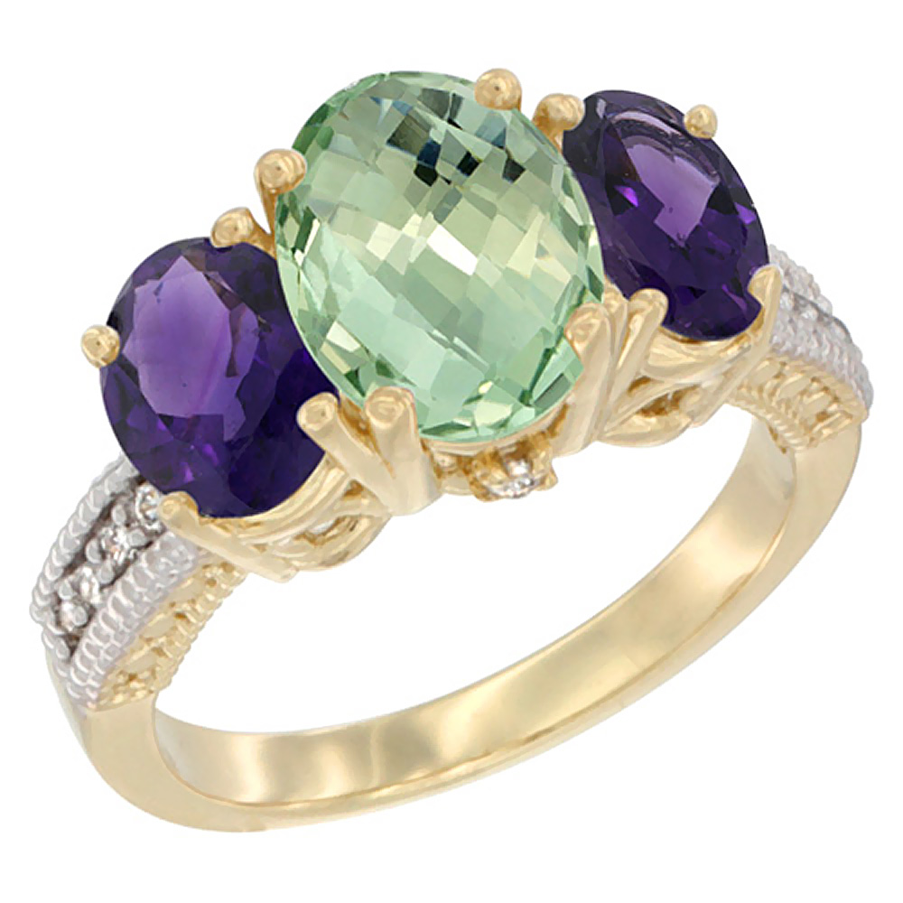 14K Yellow Gold Diamond Natural Green Amethyst Ring 3-Stone Oval 8x6mm with Amethyst, sizes5-10