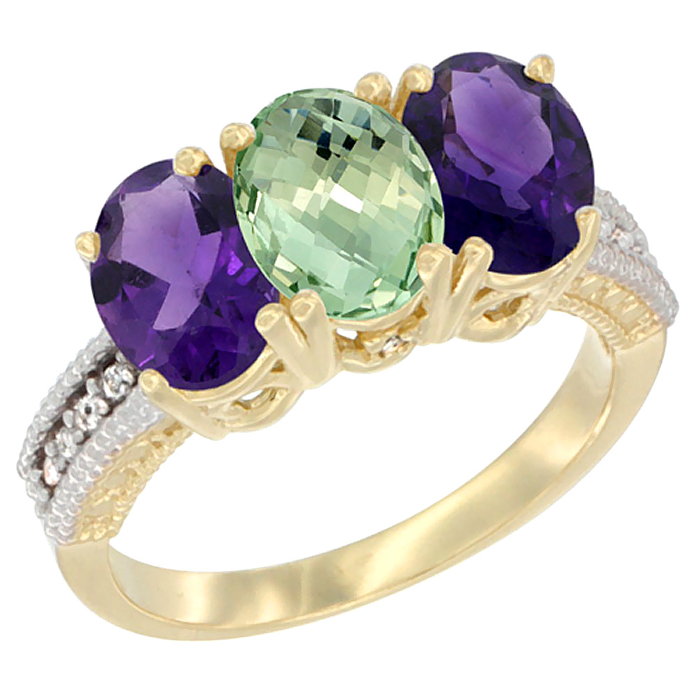 14K Yellow Gold Natural Purple & Green Amethysts Ring 3-Stone 7x5 mm Oval Diamond Accent, sizes 5 - 10