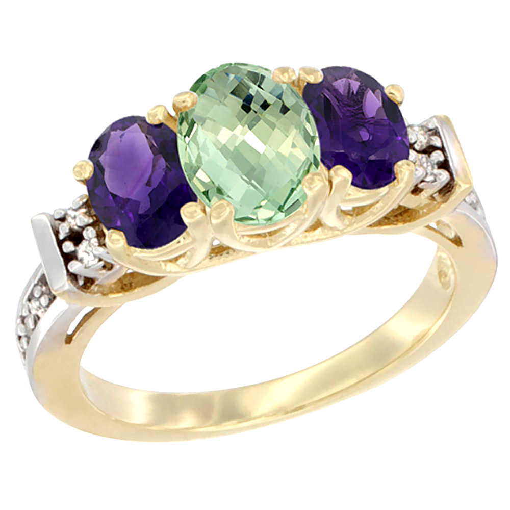 10K Yellow Gold Natural Purple & Green Amethysts Ring 3-Stone Oval Diamond Accent