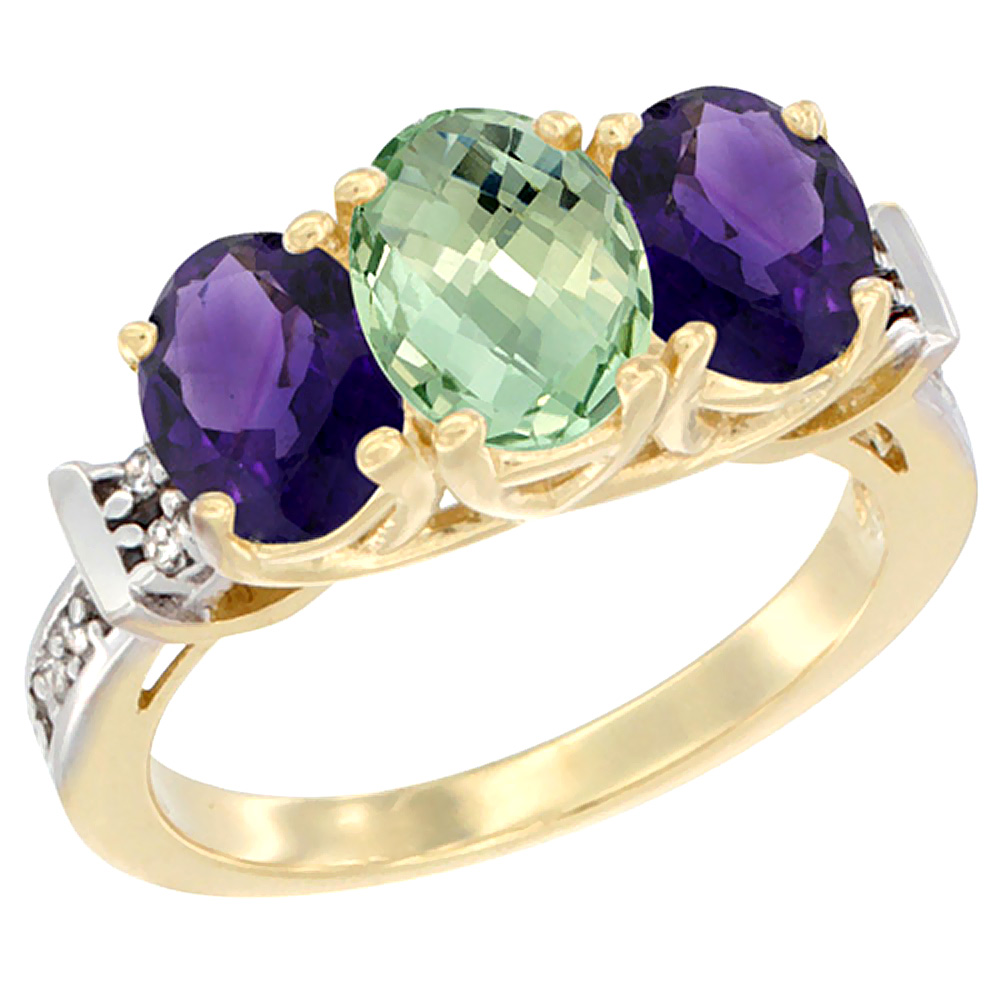 14K Yellow Gold Natural Purple &amp; Green Amethysts Ring 3-Stone Oval Diamond Accent, sizes 5 - 10