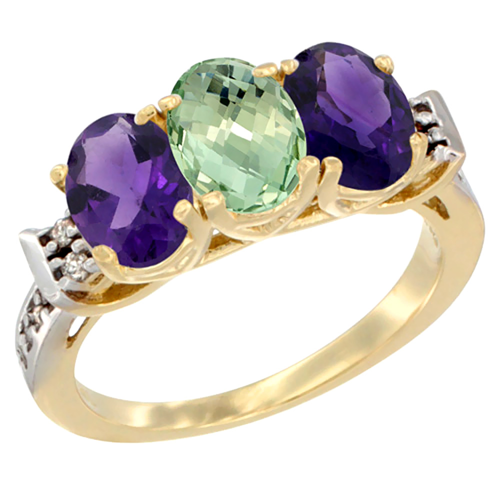 14K Yellow Gold Natural Purple & Green Amethysts Ring 3-Stone 7x5 mm Oval Diamond Accent, sizes 5 - 10