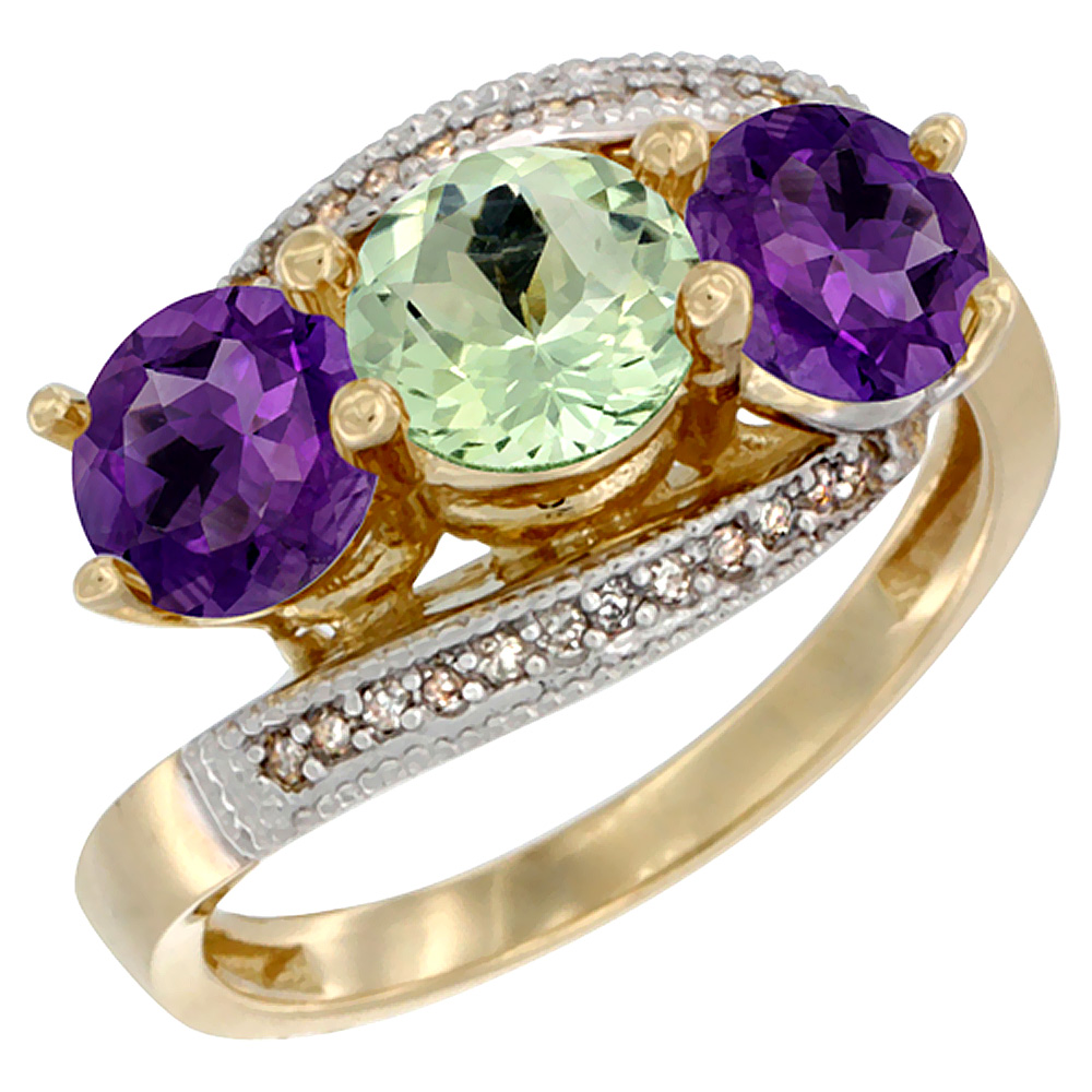 10K Yellow Gold Natural Green &amp; Purple Amethysts 3 stone Ring Round 6mm Diamond Accent, sizes 5 - 10