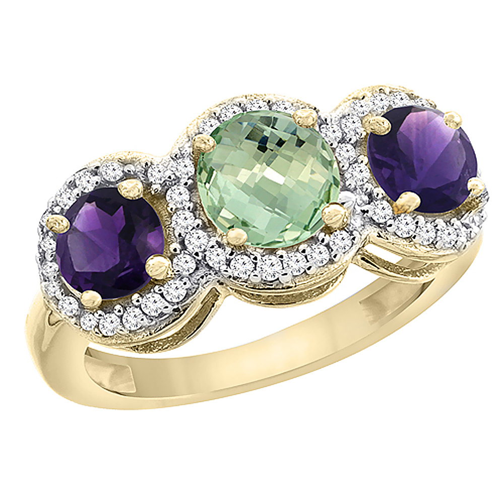 14K Yellow Gold Natural Green Amethyst & Amethyst Sides Round 3-stone Ring Diamond Accents, sizes 5 - 10