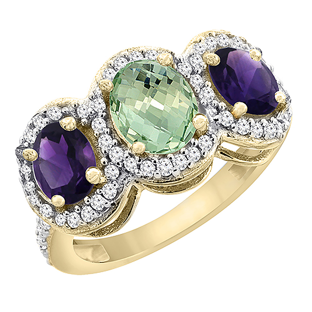 10K Yellow Gold Natural Green Amethyst & Purple Amethyst 3-Stone Ring Oval Diamond Accent, sizes 5 - 10