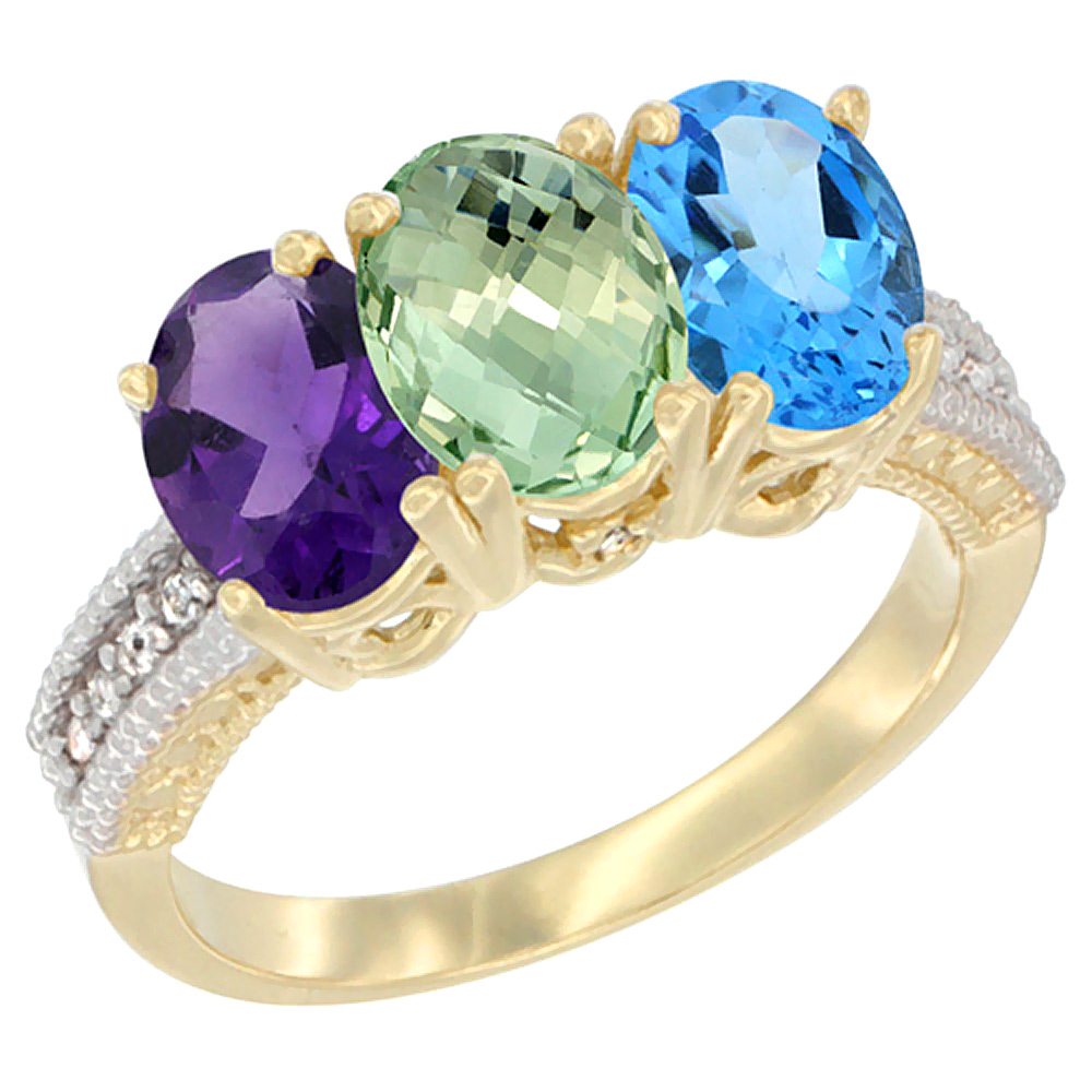 14K Yellow Gold Natural Amethyst, Green Amethyst & Swiss Blue Topaz Ring 3-Stone 7x5 mm Oval Diamond Accent, sizes 5 - 10