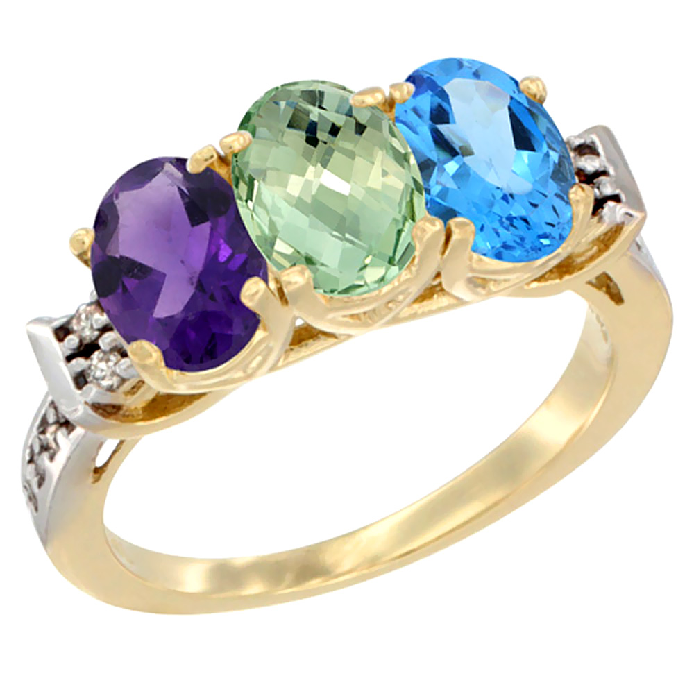 14K Yellow Gold Natural Amethyst, Green Amethyst & Swiss Blue Topaz Ring 3-Stone 7x5 mm Oval Diamond Accent, sizes 5 - 10