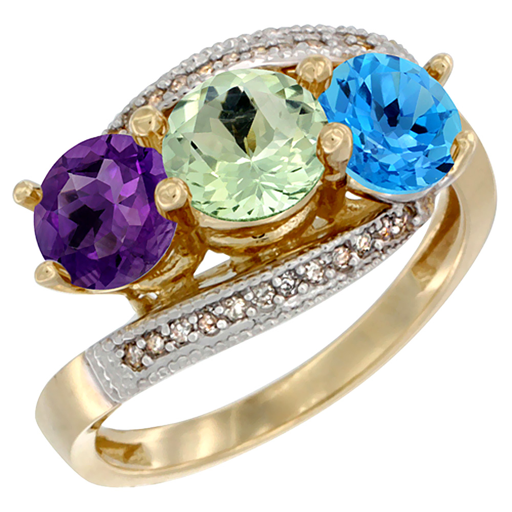 10K Yellow Gold Natural Amethyst, Green Amethyst & Swiss Blue Topaz 3 stone Ring Round 6mm Diamond Accent, sizes 5 - 10