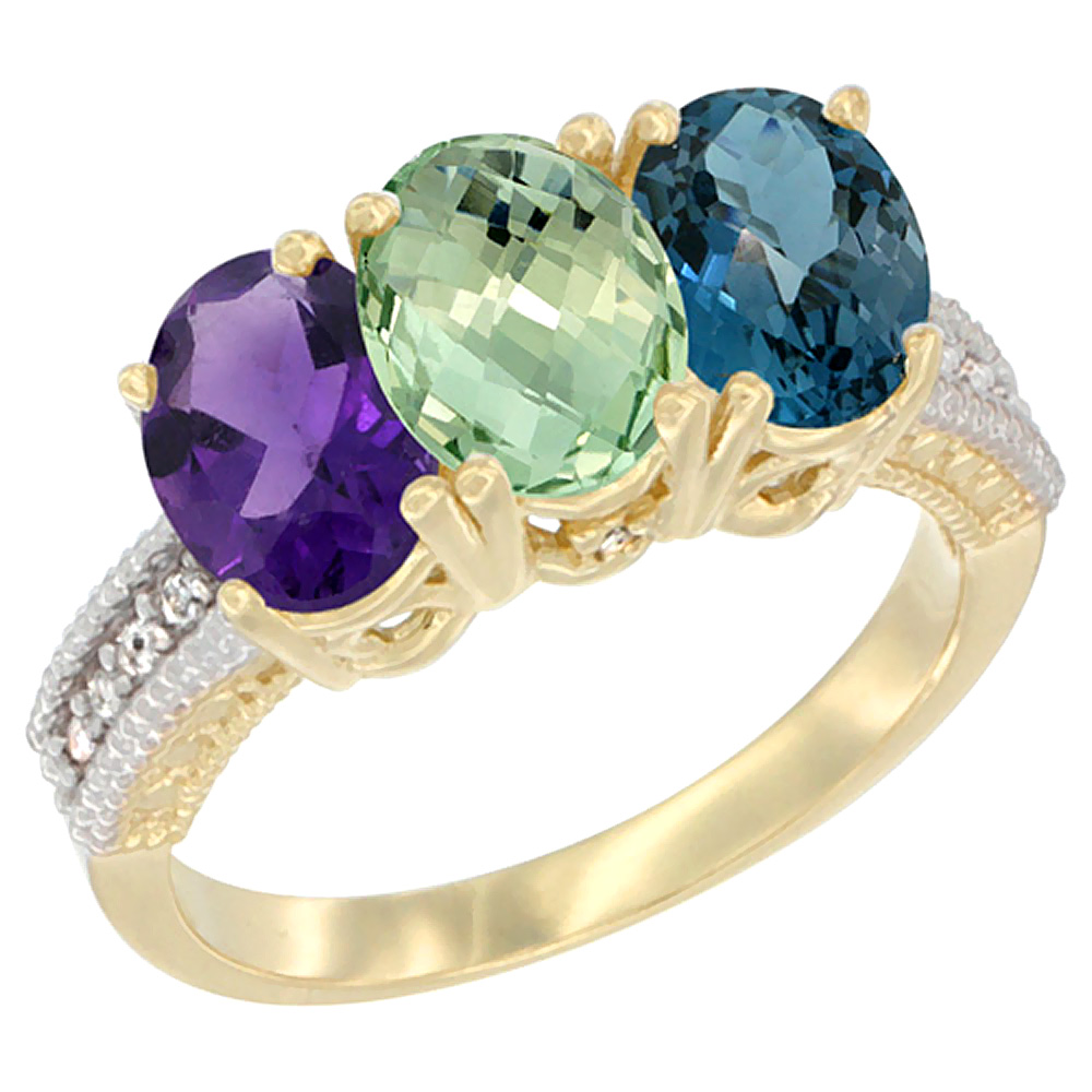 14K Yellow Gold Natural Amethyst, Green Amethyst & London Blue Topaz Ring 3-Stone 7x5 mm Oval Diamond Accent, sizes 5 - 10