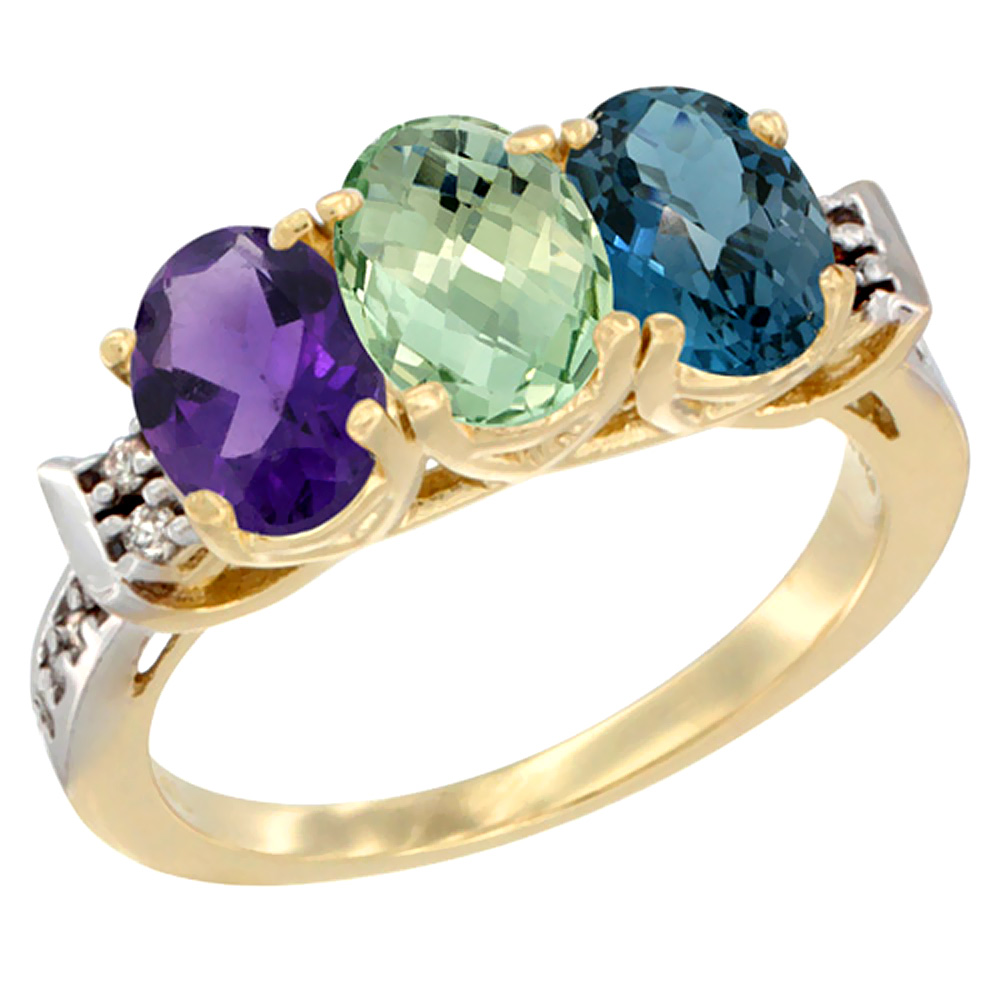 14K Yellow Gold Natural Amethyst, Green Amethyst & London Blue Topaz Ring 3-Stone 7x5 mm Oval Diamond Accent, sizes 5 - 10