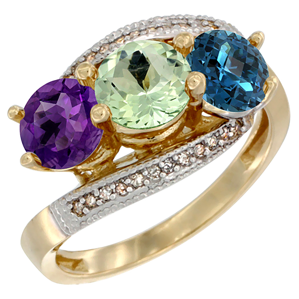 10K Yellow Gold Natural Amethyst, Green Amethyst & London Blue Topaz 3 stone Ring Round 6mm Diamond Accent, sizes 5 - 10