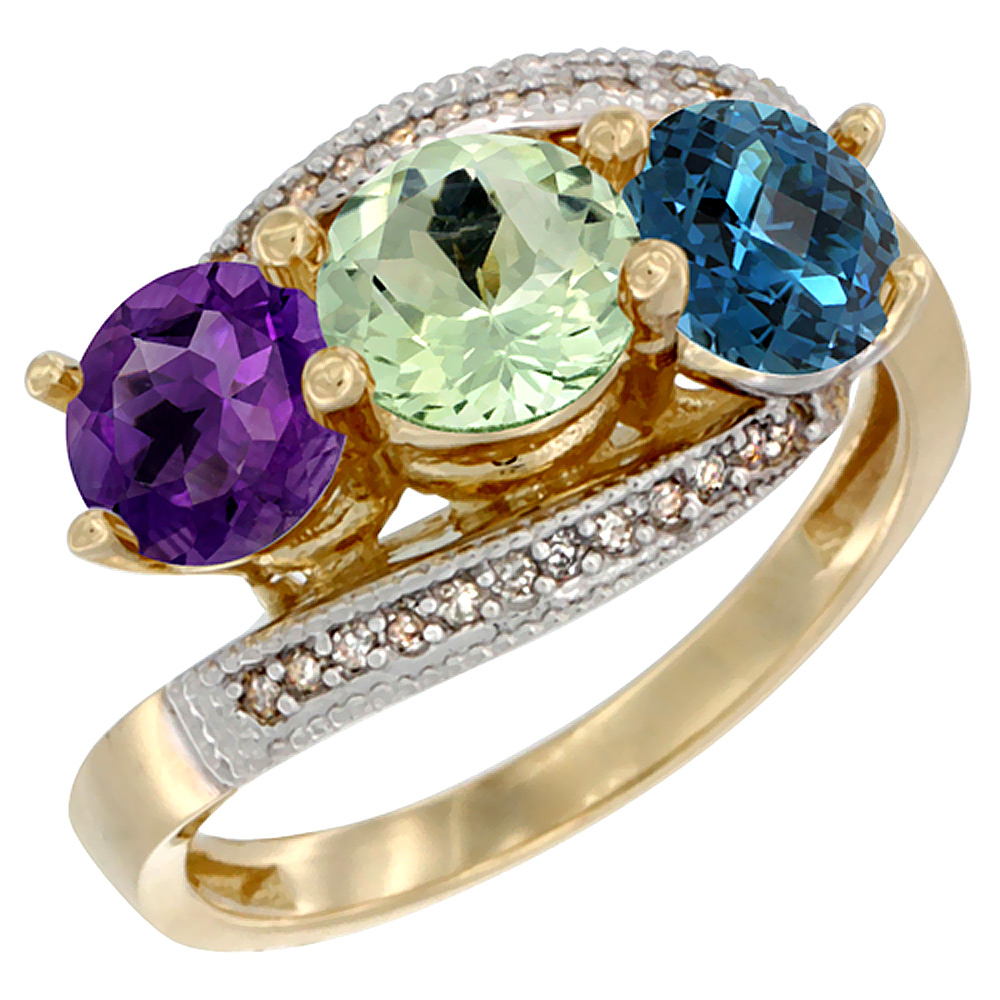 10K Yellow Gold Natural Amethyst, Green Amethyst &amp; London Blue Topaz 3 stone Ring Round 6mm Diamond Accent, sizes 5 - 10