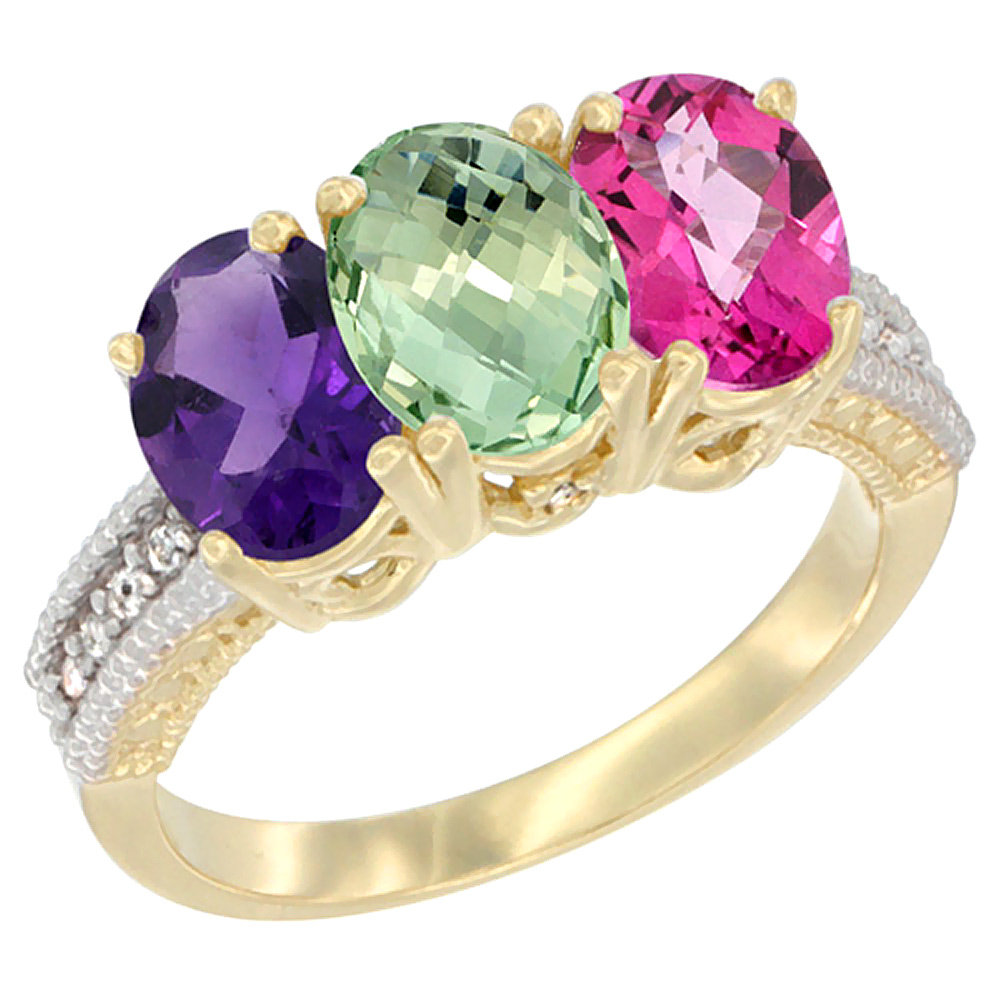 10K Yellow Gold Diamond Natural Purple & Green Amethysts & Pink Topaz Ring Oval 3-Stone 7x5 mm,sizes 5-10