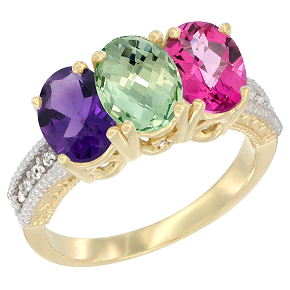 14K Yellow Gold Natural Amethyst, Green Amethyst &amp; Pink Topaz Ring 3-Stone 7x5 mm Oval Diamond Accent, sizes 5 - 10