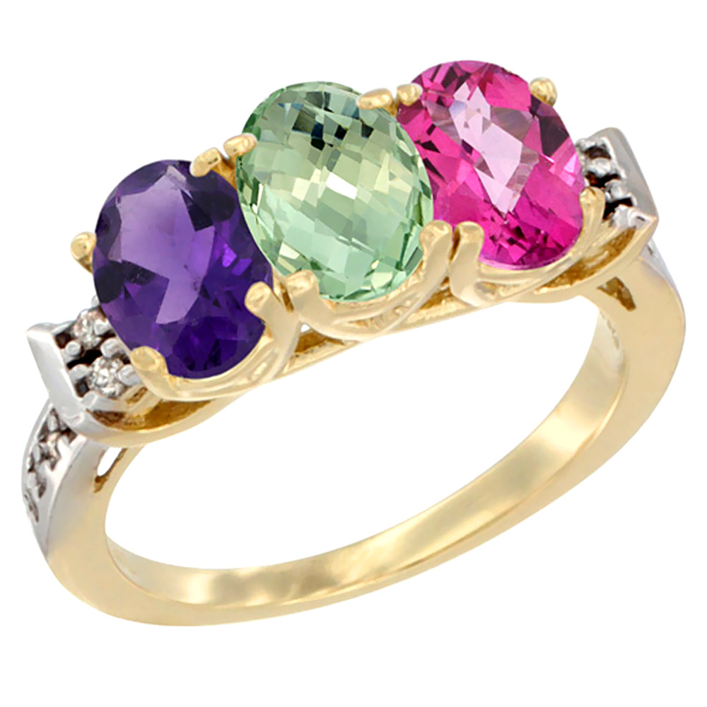 14K Yellow Gold Natural Amethyst, Green Amethyst &amp; Pink Topaz Ring 3-Stone 7x5 mm Oval Diamond Accent, sizes 5 - 10