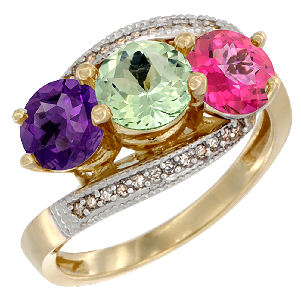 10K Yellow Gold Natural Amethyst, Green Amethyst &amp; Pink Topaz 3 stone Ring Round 6mm Diamond Accent, sizes 5 - 10