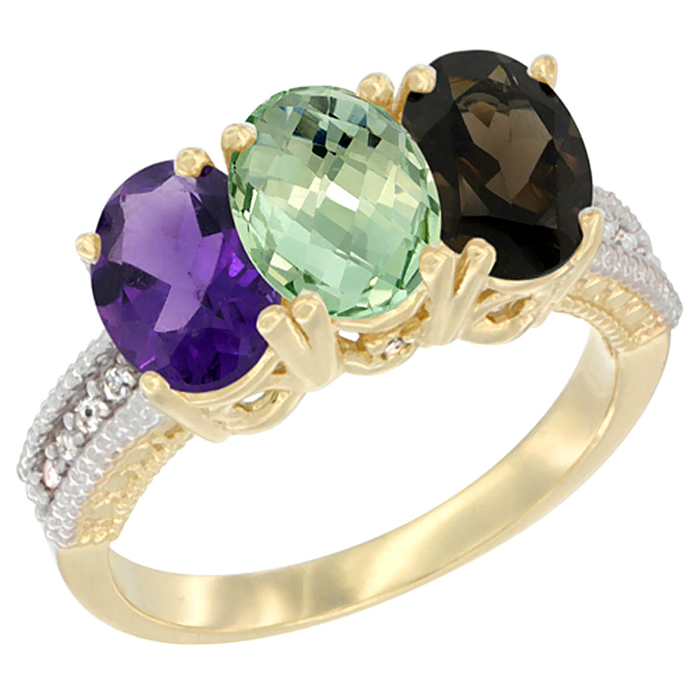 14K Yellow Gold Natural Amethyst, Green Amethyst & Smoky Topaz Ring 3-Stone 7x5 mm Oval Diamond Accent, sizes 5 - 10