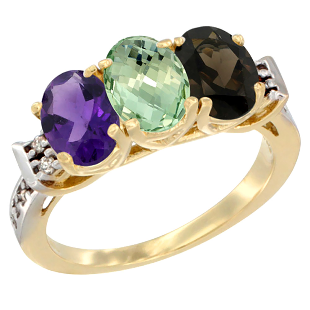 10K Yellow Gold Natural Amethyst, Green Amethyst & Smoky Topaz Ring 3-Stone Oval 7x5 mm Diamond Accent, sizes 5 - 10