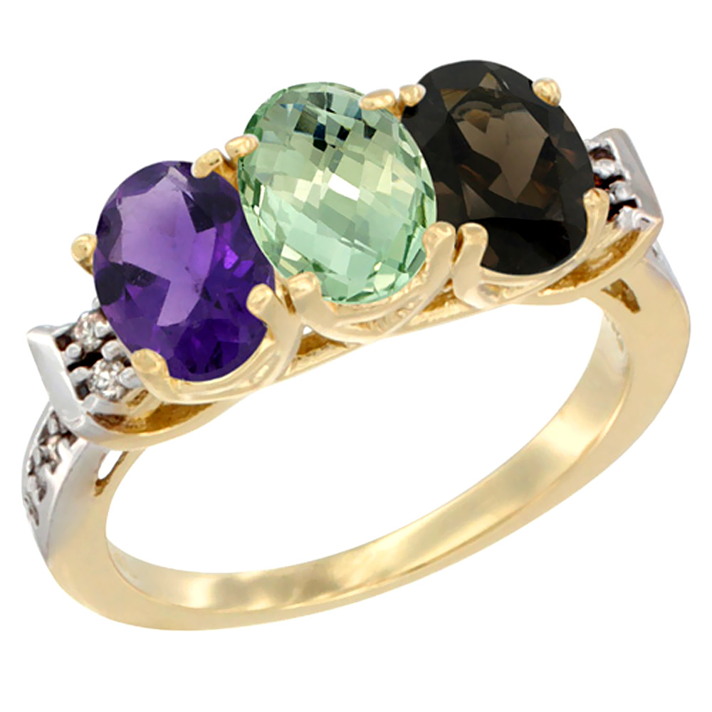 14K Yellow Gold Natural Amethyst, Green Amethyst & Smoky Topaz Ring 3-Stone 7x5 mm Oval Diamond Accent, sizes 5 - 10