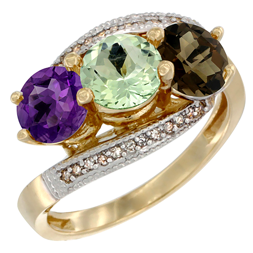 10K Yellow Gold Natural Amethyst, Green Amethyst &amp; Smoky Topaz 3 stone Ring Round 6mm Diamond Accent, sizes 5 - 10