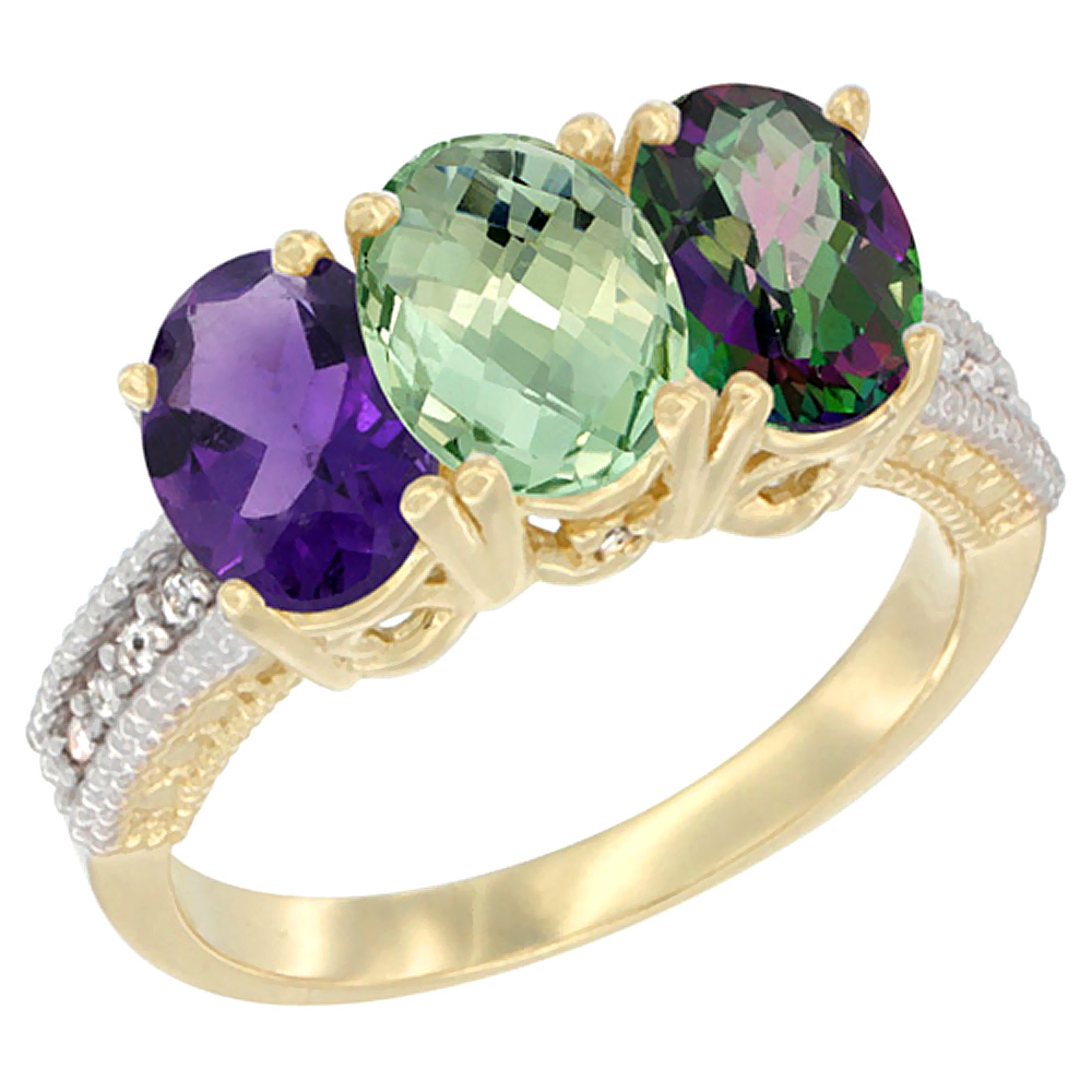 10K Yellow Gold Diamond Natural Purple &amp; Green Amethysts &amp; Mystic Topaz Ring Oval 3-Stone 7x5 mm,sizes 5-10