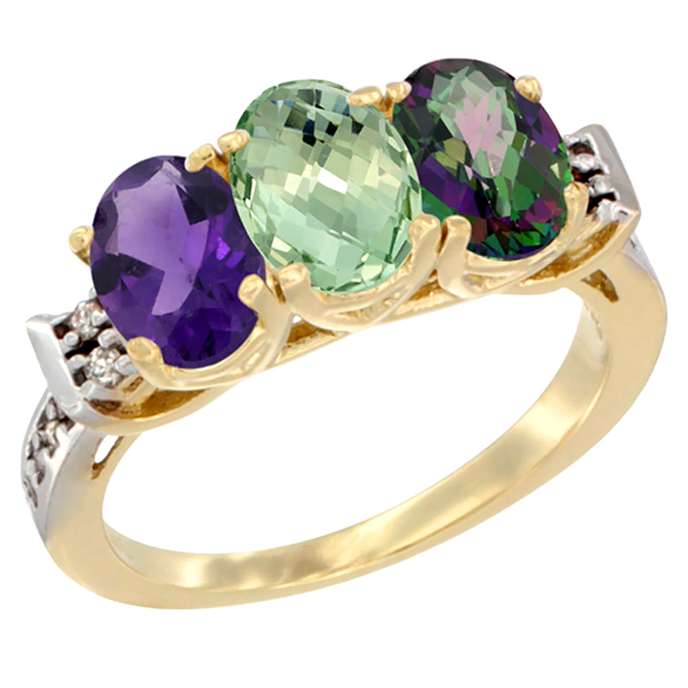 14K Yellow Gold Natural Amethyst, Green Amethyst &amp; Mystic Topaz Ring 3-Stone 7x5 mm Oval Diamond Accent, sizes 5 - 10