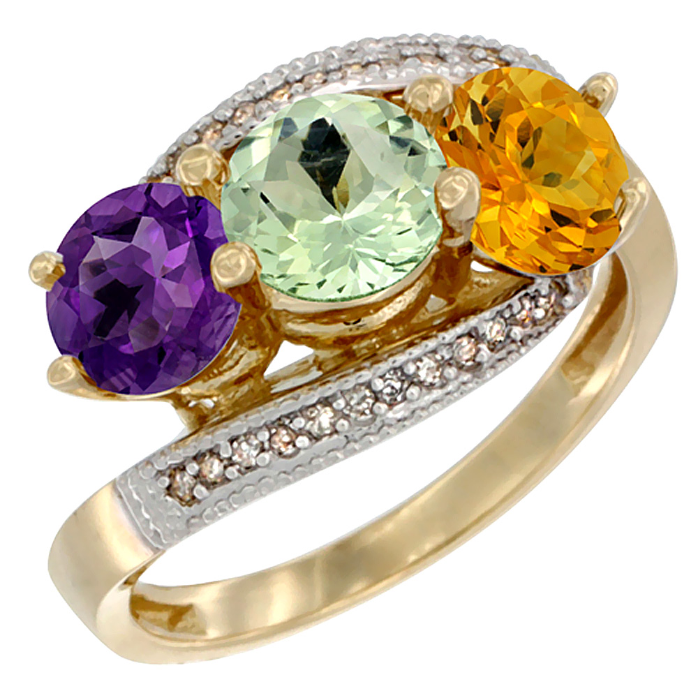 14K Yellow Gold Natural Amethyst, Green Amethyst &amp; Citrine 3 stone Ring Round 6mm Diamond Accent, sizes 5 - 10