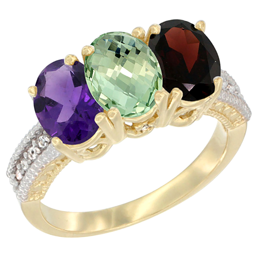 14K Yellow Gold Natural Amethyst, Green Amethyst &amp; Garnet Ring 3-Stone 7x5 mm Oval Diamond Accent, sizes 5 - 10