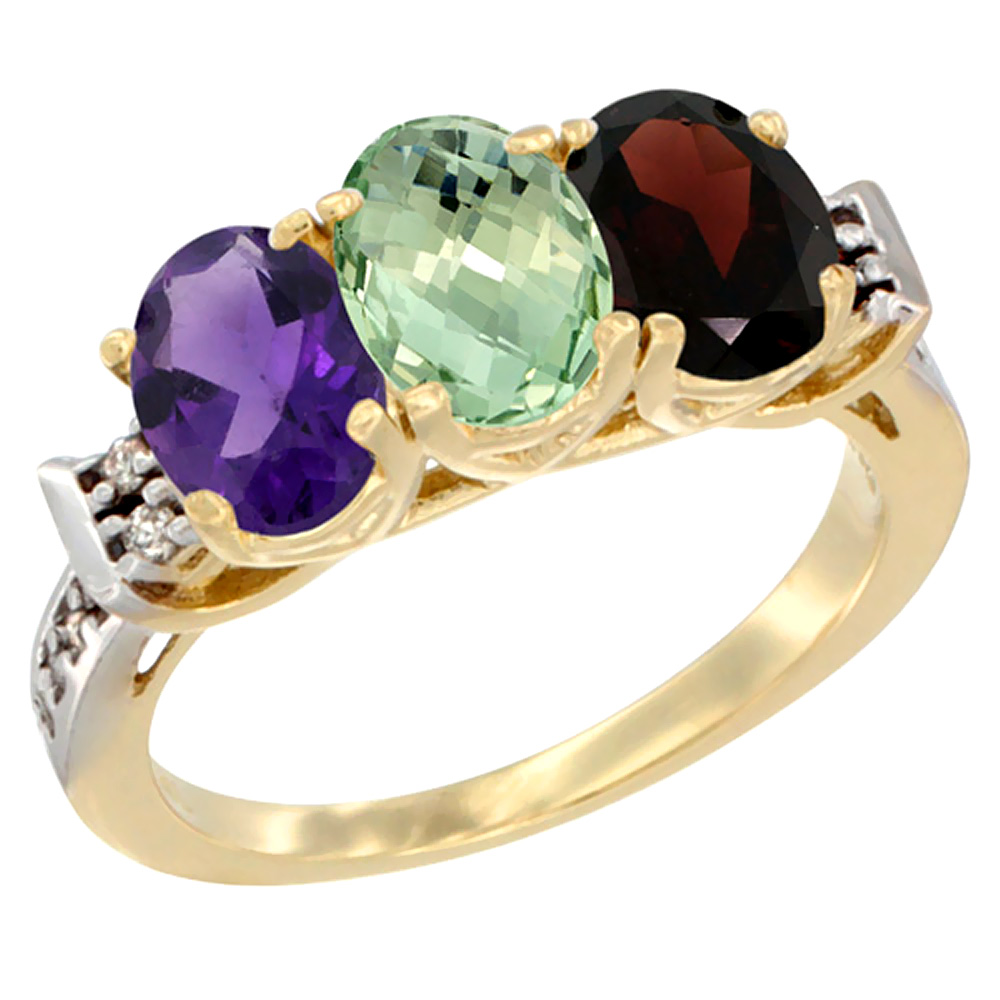 14K Yellow Gold Natural Amethyst, Green Amethyst & Garnet Ring 3-Stone 7x5 mm Oval Diamond Accent, sizes 5 - 10