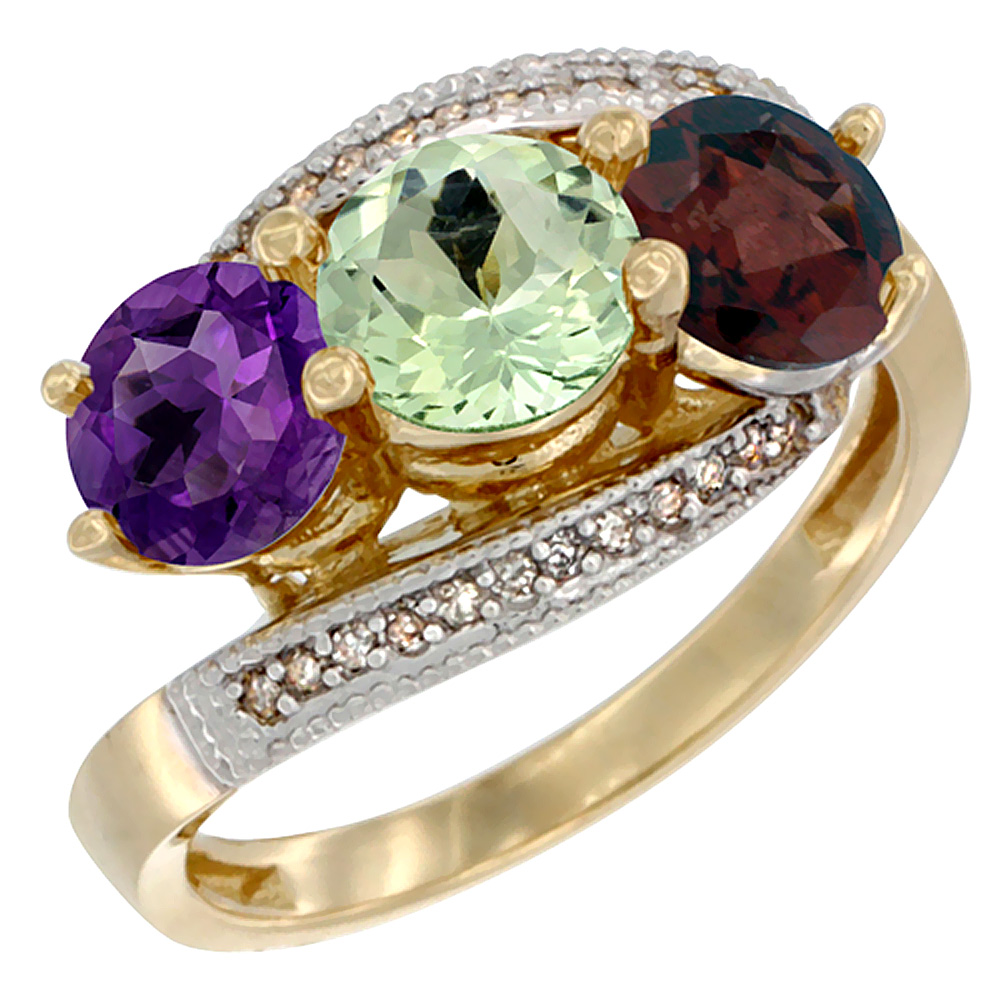 10K Yellow Gold Natural Amethyst, Green Amethyst &amp; Garnet 3 stone Ring Round 6mm Diamond Accent, sizes 5 - 10