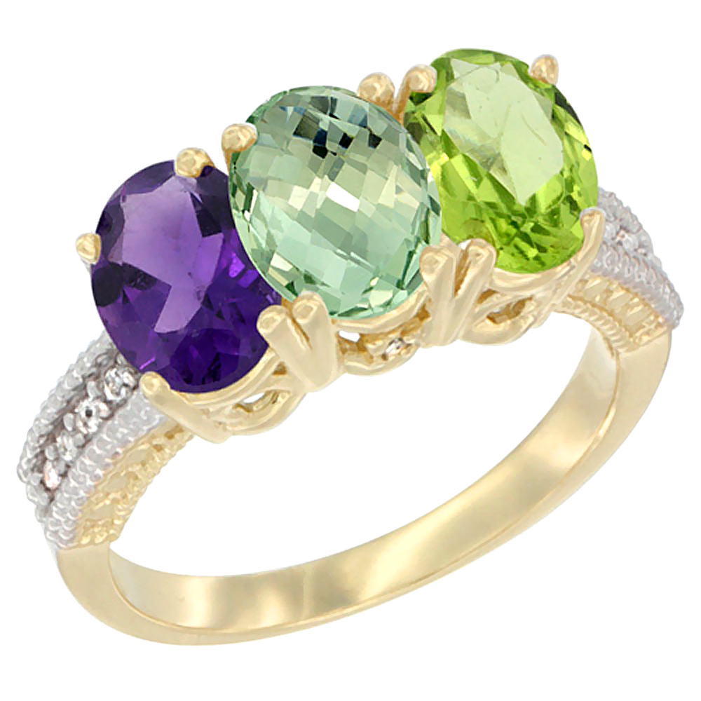 14K Yellow Gold Natural Amethyst, Green Amethyst & Peridot Ring 3-Stone 7x5 mm Oval Diamond Accent, sizes 5 - 10