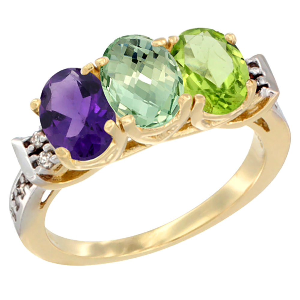 14K Yellow Gold Natural Amethyst, Green Amethyst &amp; Peridot Ring 3-Stone 7x5 mm Oval Diamond Accent, sizes 5 - 10