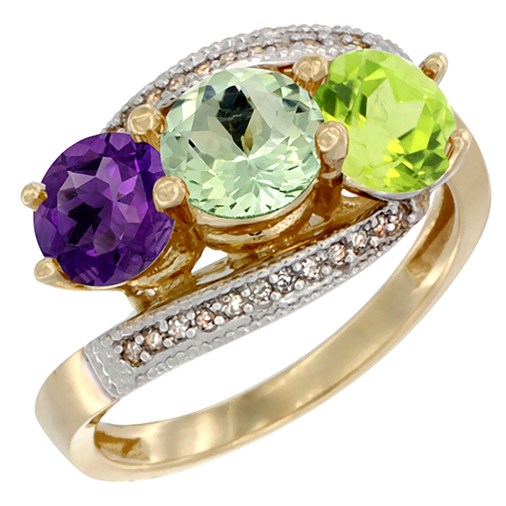 14K Yellow Gold Natural Amethyst, Green Amethyst &amp; Peridot 3 stone Ring Round 6mm Diamond Accent, sizes 5 - 10