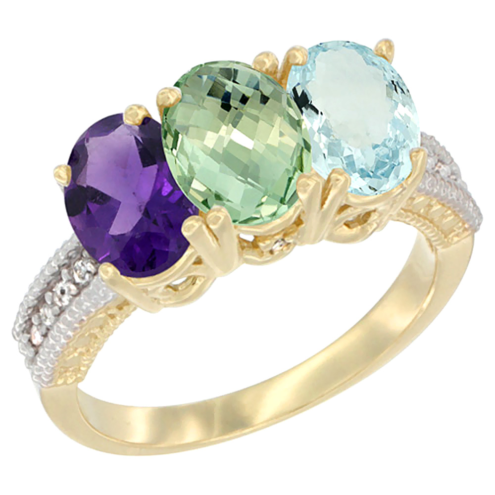 14K Yellow Gold Natural Amethyst, Green Amethyst &amp; Aquamarine Ring 3-Stone 7x5 mm Oval Diamond Accent, sizes 5 - 10