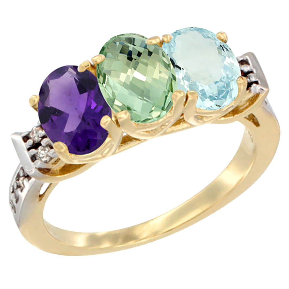 14K Yellow Gold Natural Amethyst, Green Amethyst & Aquamarine Ring 3-Stone 7x5 mm Oval Diamond Accent, sizes 5 - 10