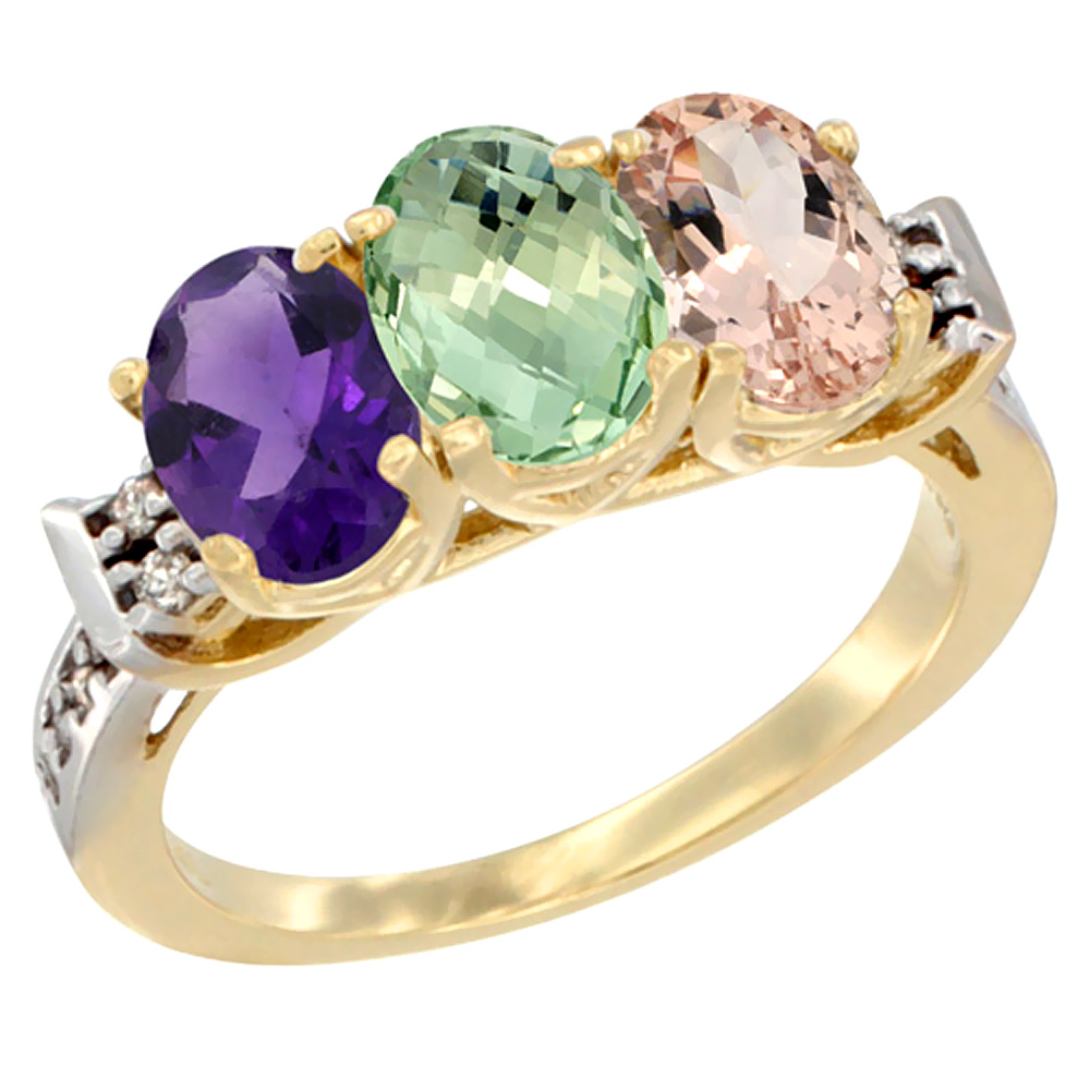 14K Yellow Gold Natural Amethyst, Green Amethyst &amp; Morganite Ring 3-Stone 7x5 mm Oval Diamond Accent, sizes 5 - 10