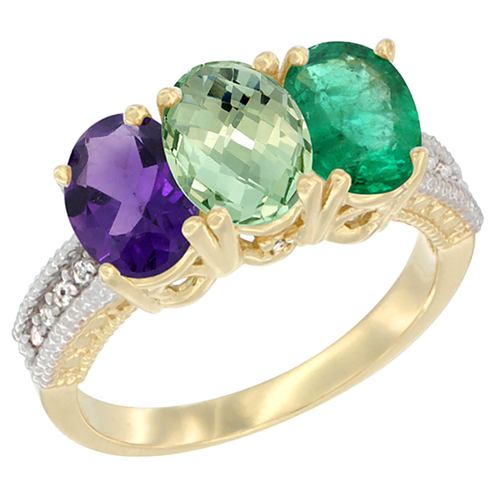 14K Yellow Gold Natural Amethyst, Green Amethyst &amp; Emerald Ring 3-Stone 7x5 mm Oval Diamond Accent, sizes 5 - 10