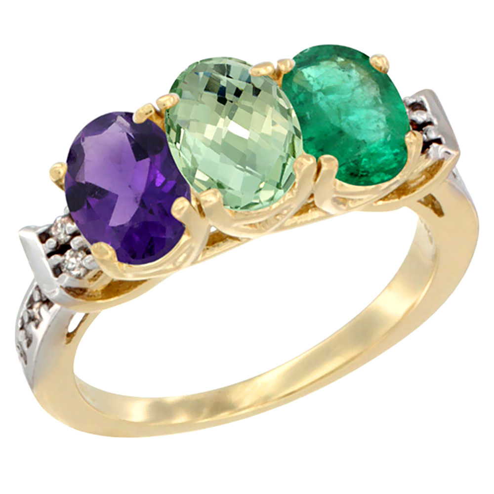 14K Yellow Gold Natural Amethyst, Green Amethyst & Emerald Ring 3-Stone 7x5 mm Oval Diamond Accent, sizes 5 - 10