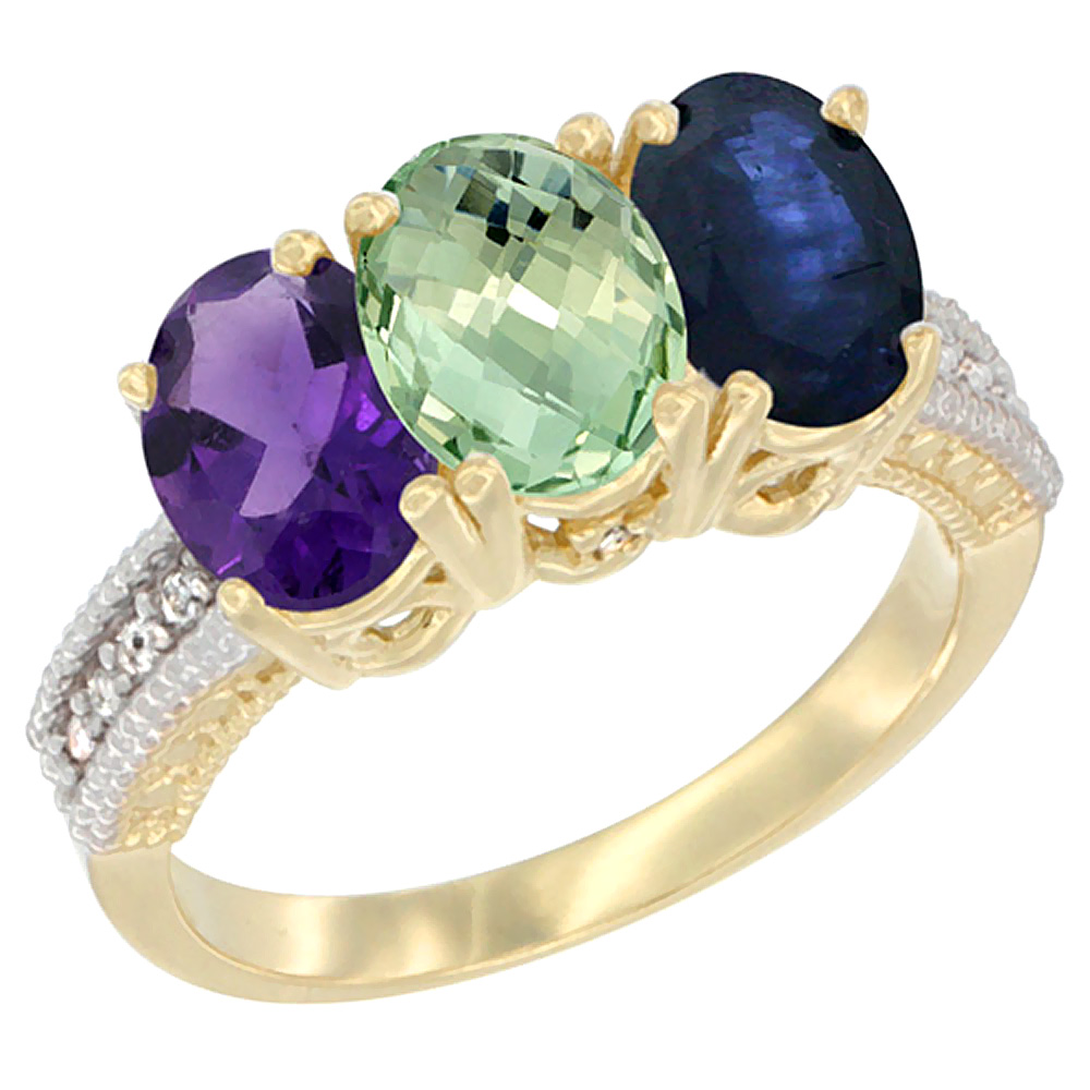 14K Yellow Gold Natural Amethyst, Green Amethyst &amp; Blue Sapphire Ring 3-Stone 7x5 mm Oval Diamond Accent, sizes 5 - 10