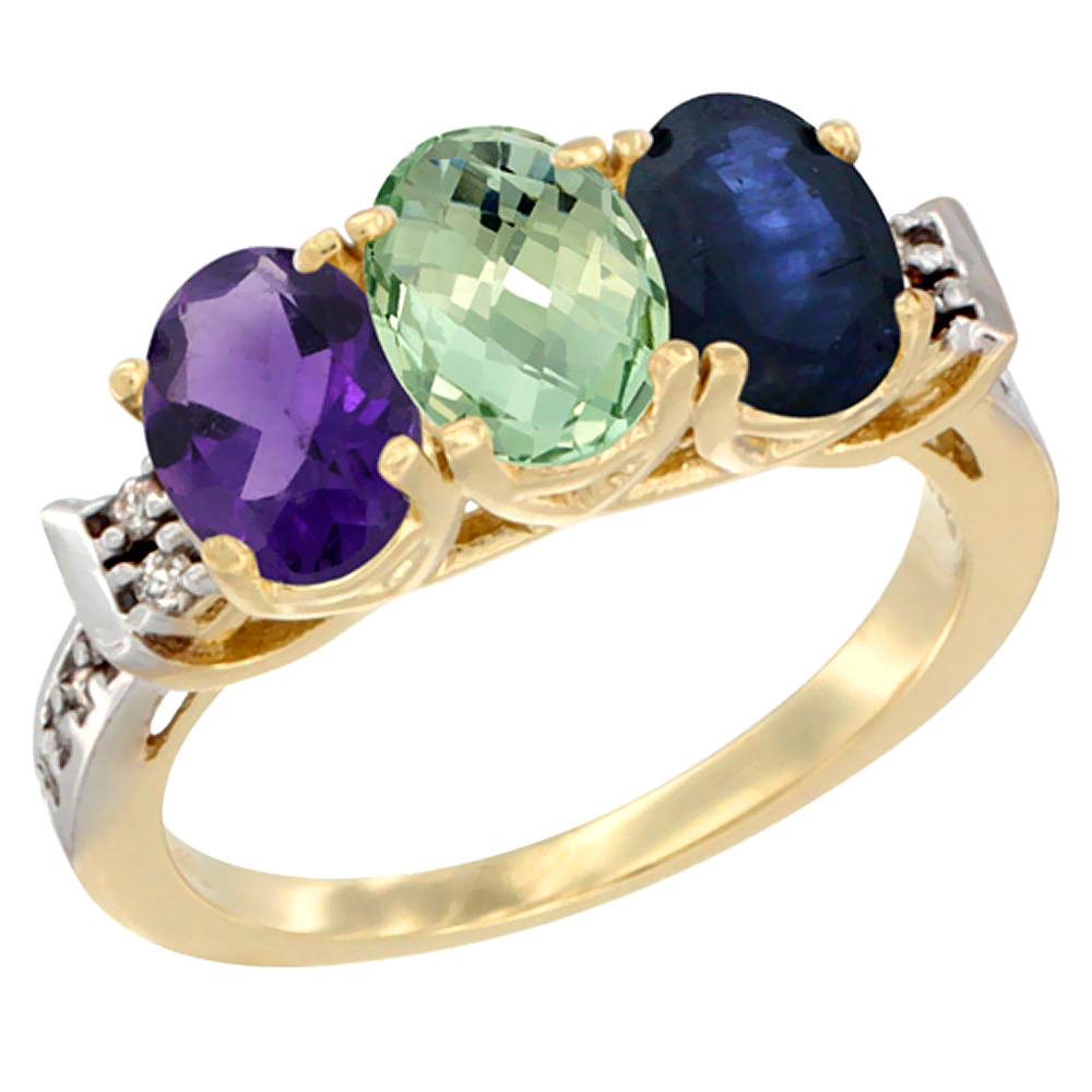 14K Yellow Gold Natural Amethyst, Green Amethyst & Blue Sapphire Ring 3-Stone 7x5 mm Oval Diamond Accent, sizes 5 - 10