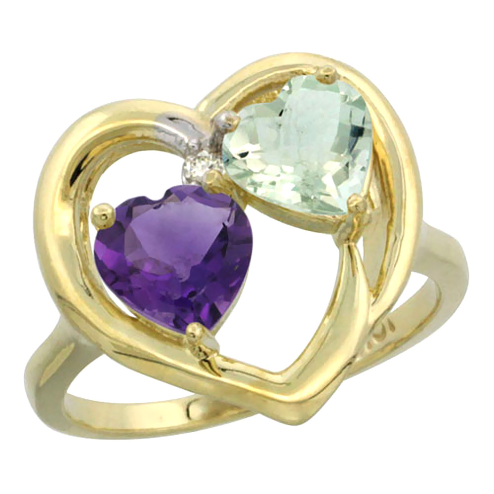 14K Yellow Gold Diamond Two-stone Heart Ring 6mm Natural Amethyst &amp; Green Amethyst, sizes 5-10